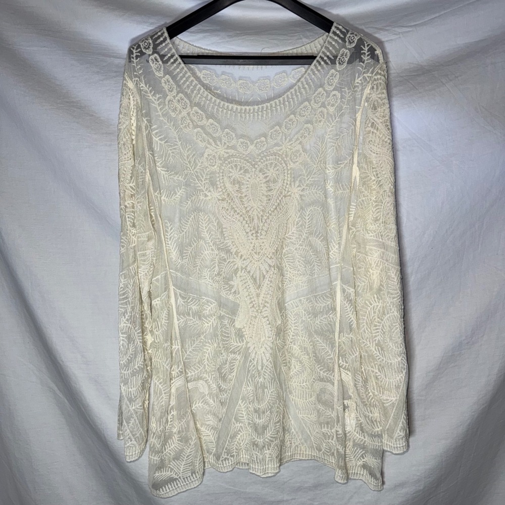 Adiva Cream Sheer Lace Embroidered Boho Long Sleeve Womens Size 3X Top